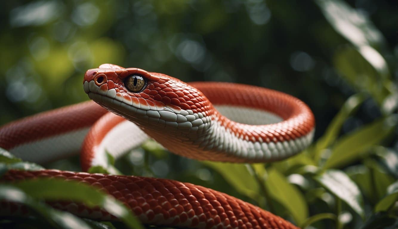 A red and white cobra slithers through the jungle, its vibrant scales glistening in the sunlight