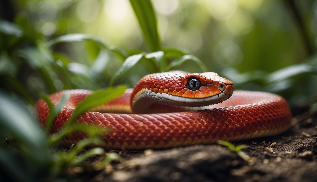 A red snake slithers through the dense jungle, its scales glistening in the dappled sunlight as it searches for prey