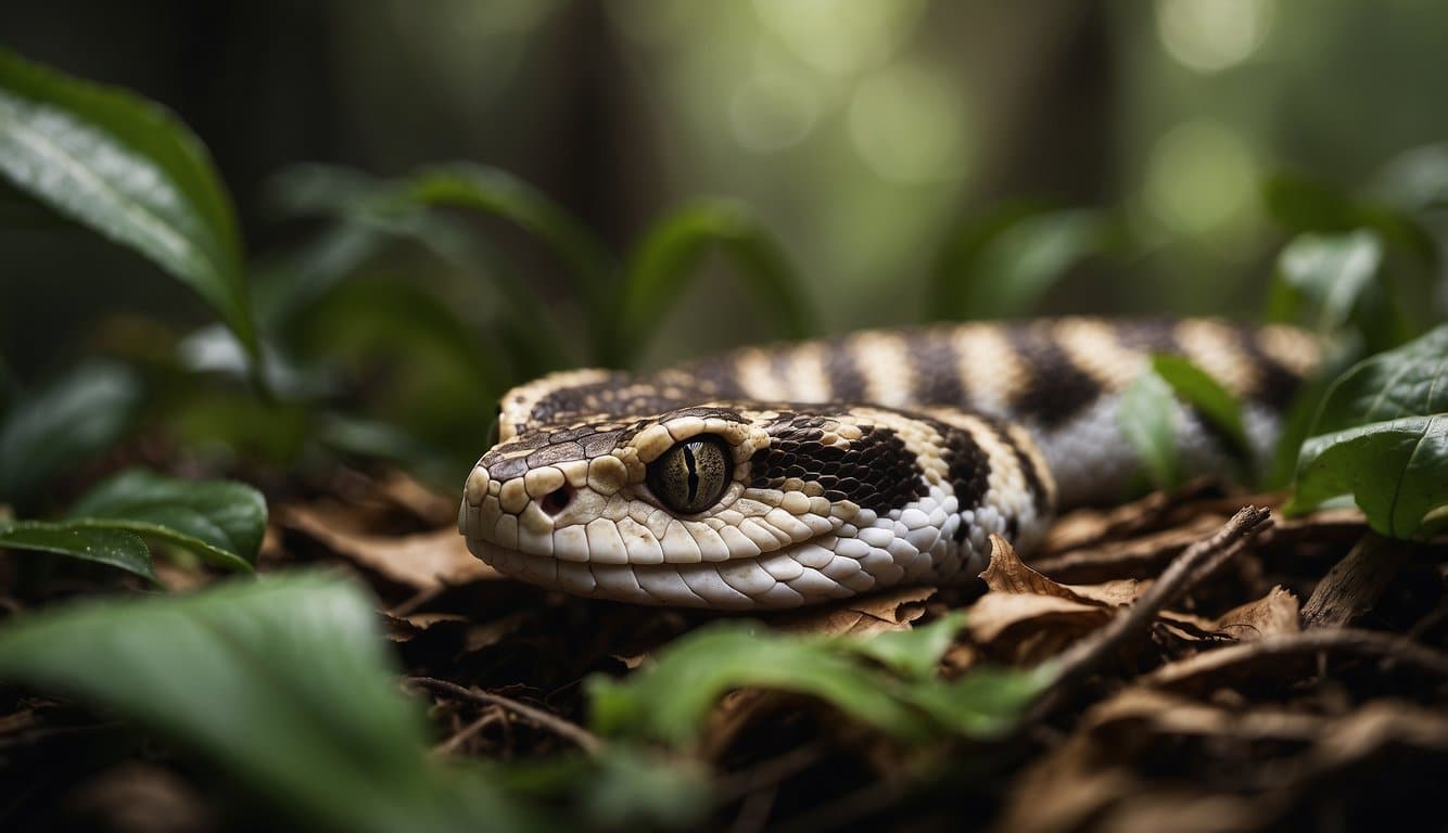 A Gaboon viper slithers through the dense underbrush of the African rainforest, blending seamlessly with the leaf litter and fallen branches