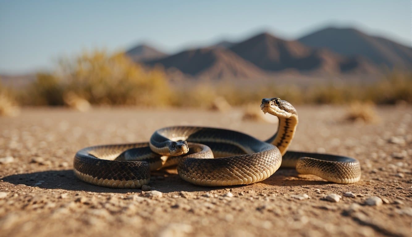 A snake and scorpion face off in a desert, their bodies coiled and tails raised, ready to strike. The snake's sleek and sinuous form contrasts with the scorpion's armored exoskeleton