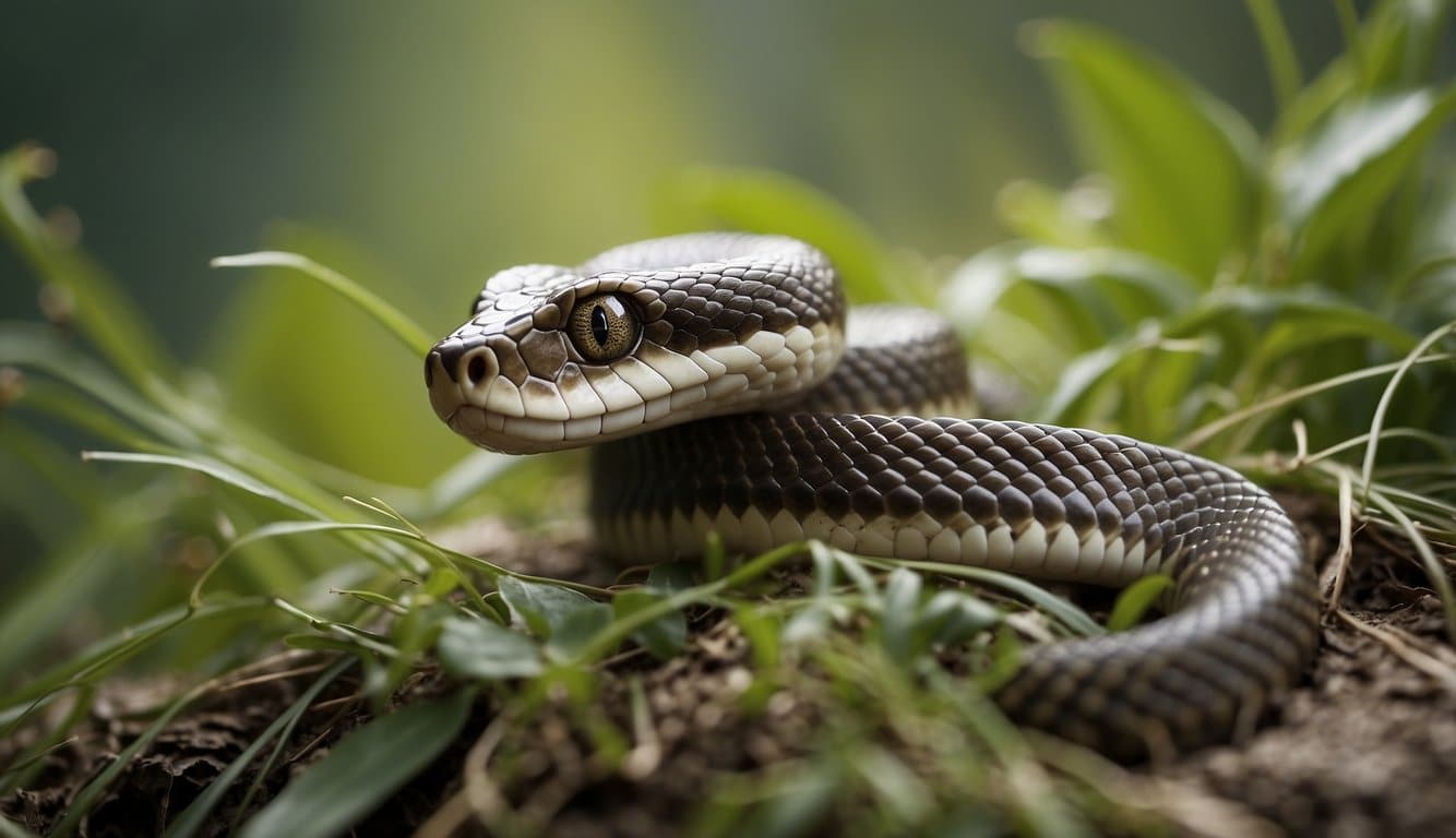 Friendly snakes in natural habitat, coiling around tree branches and slithering through tall grass