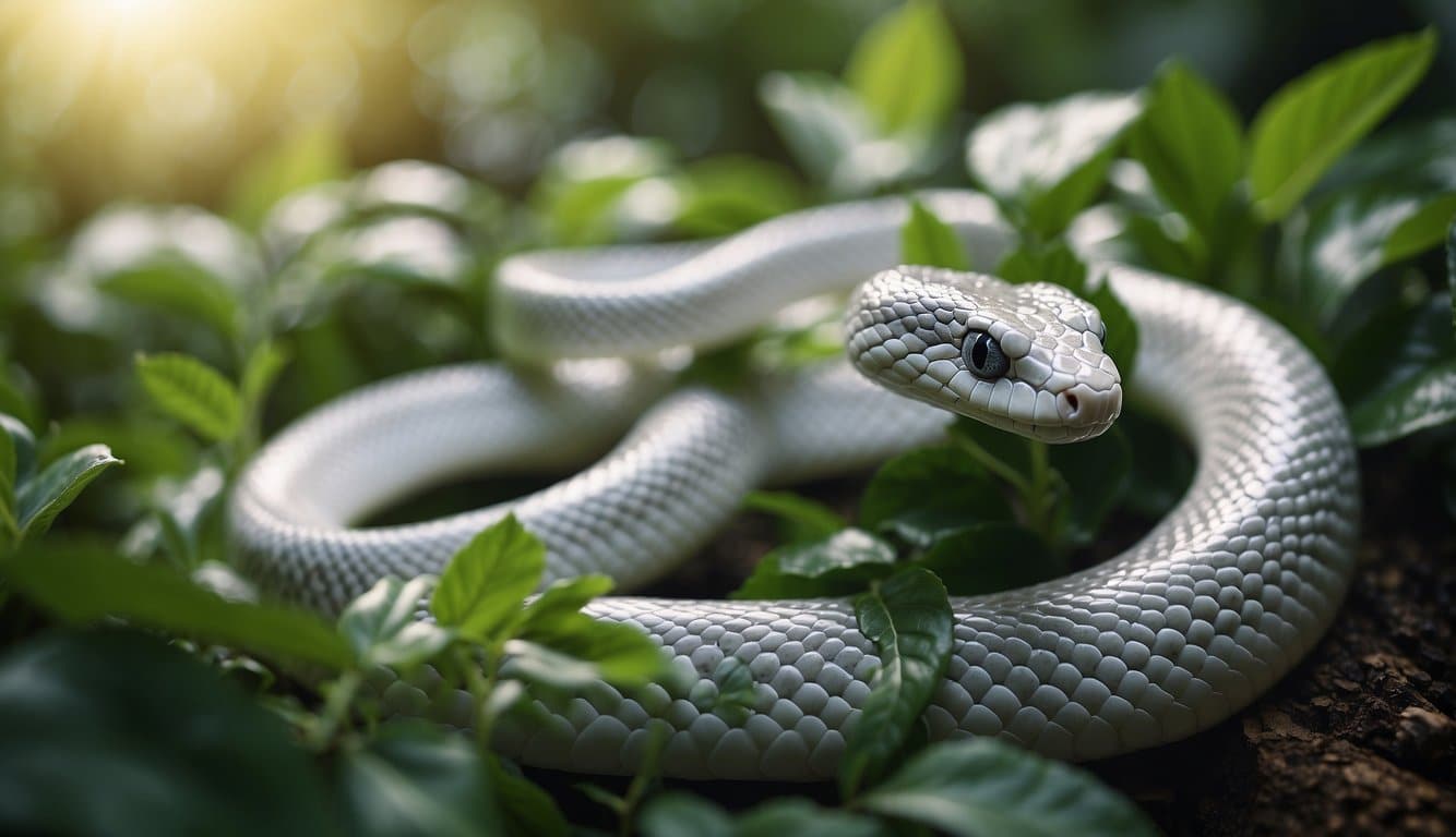 A white snake slithers through a lush green forest, blending in with the foliage. It moves gracefully, its scales glistening in the sunlight
