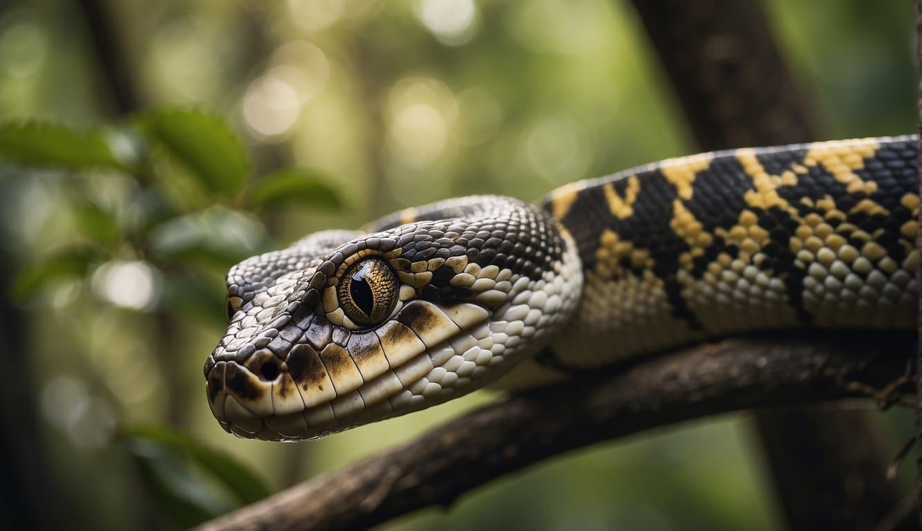 Cobras Constritoras: Características, Habitat E Comportamento 2 A constrictor snake coils around a tree branch, its body patterned with earthy tones blending into the forest backdrop