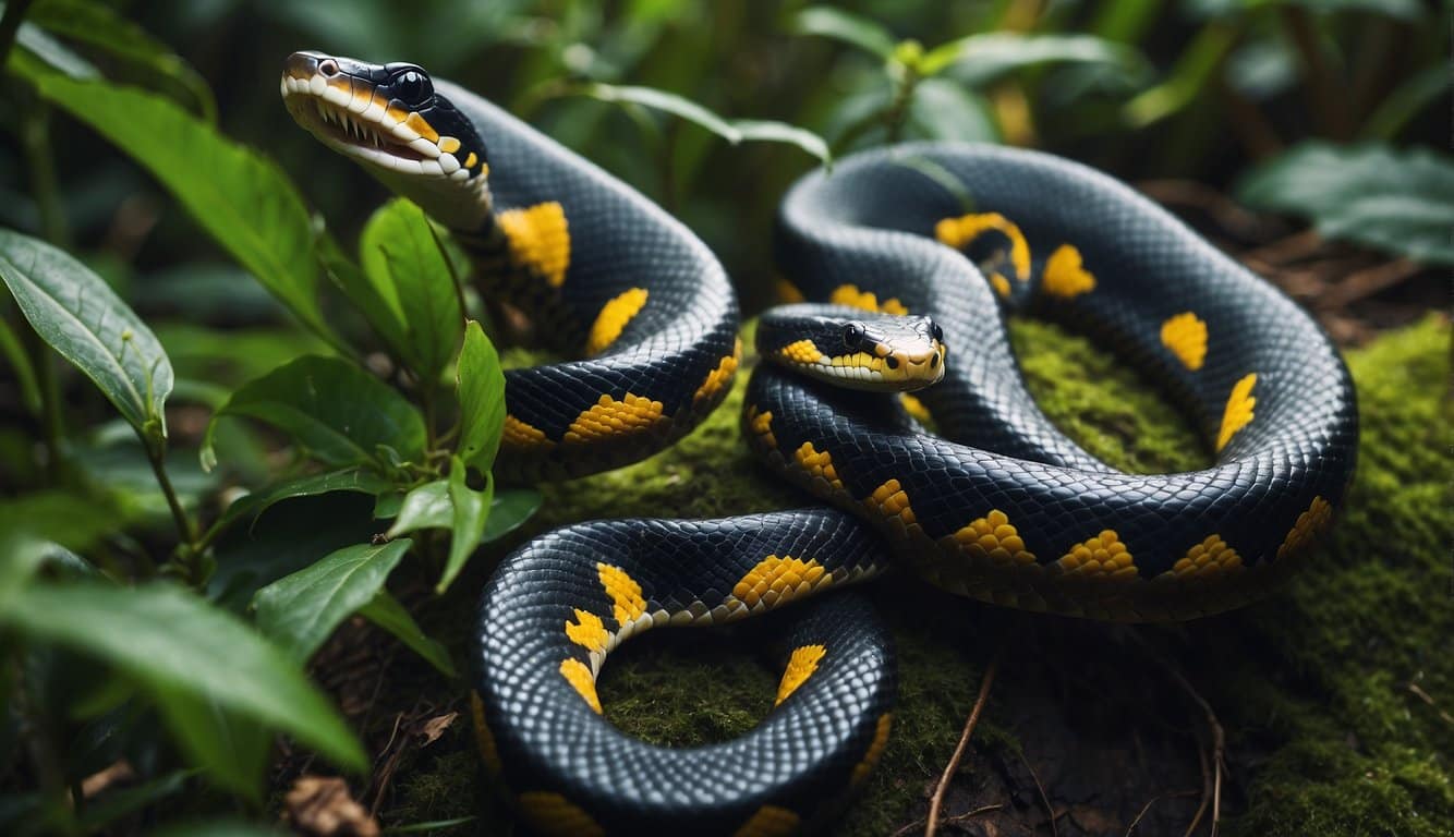 A variety of snakes slither through the lush vegetation of Bahia, Brazil, including the vibrant coral snake and the majestic boa constrictor