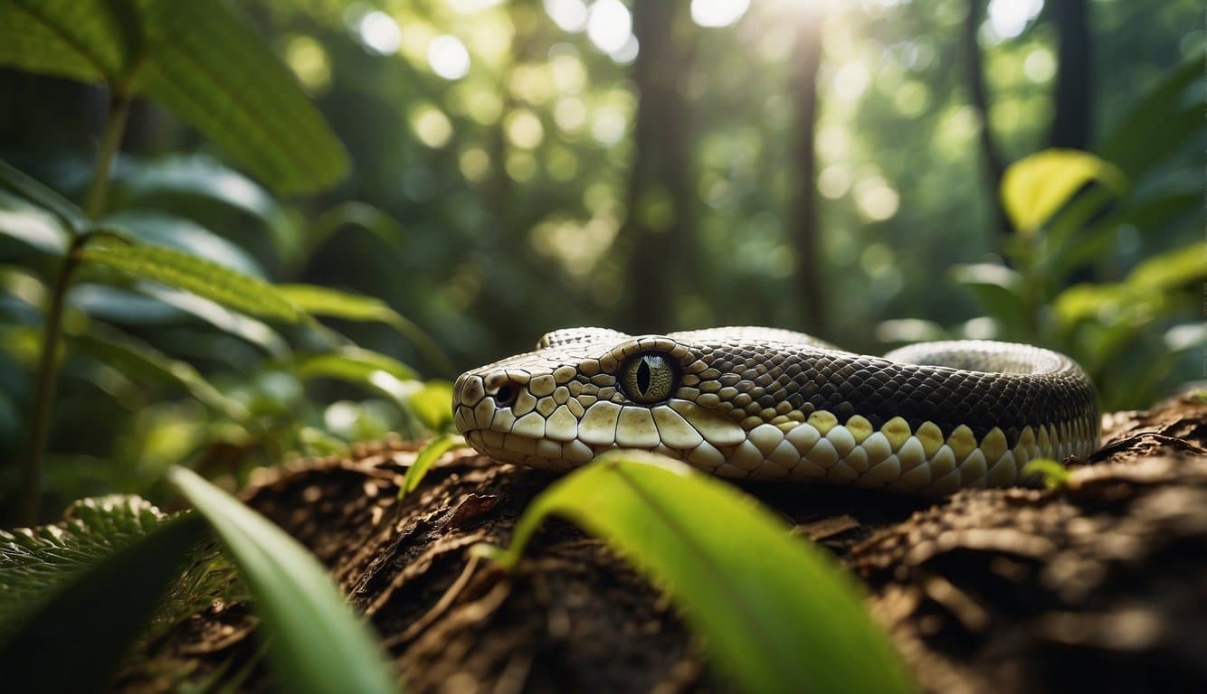 A snake from Santa Catarina slithers through a lush forest, its scales glistening in the sunlight as it hunts for prey