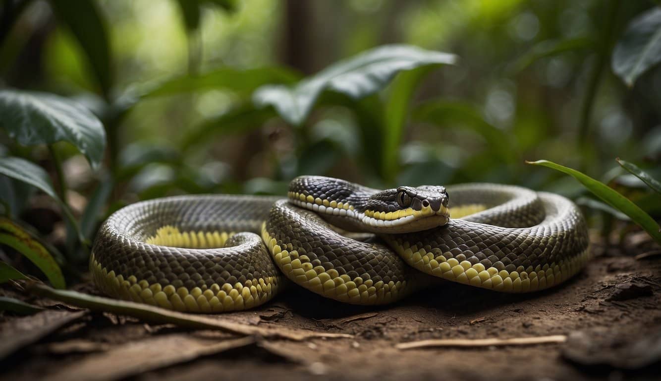 A variety of snake species in Mato Grosso, Brazil. Lush vegetation surrounds the snakes, showcasing the diverse wildlife