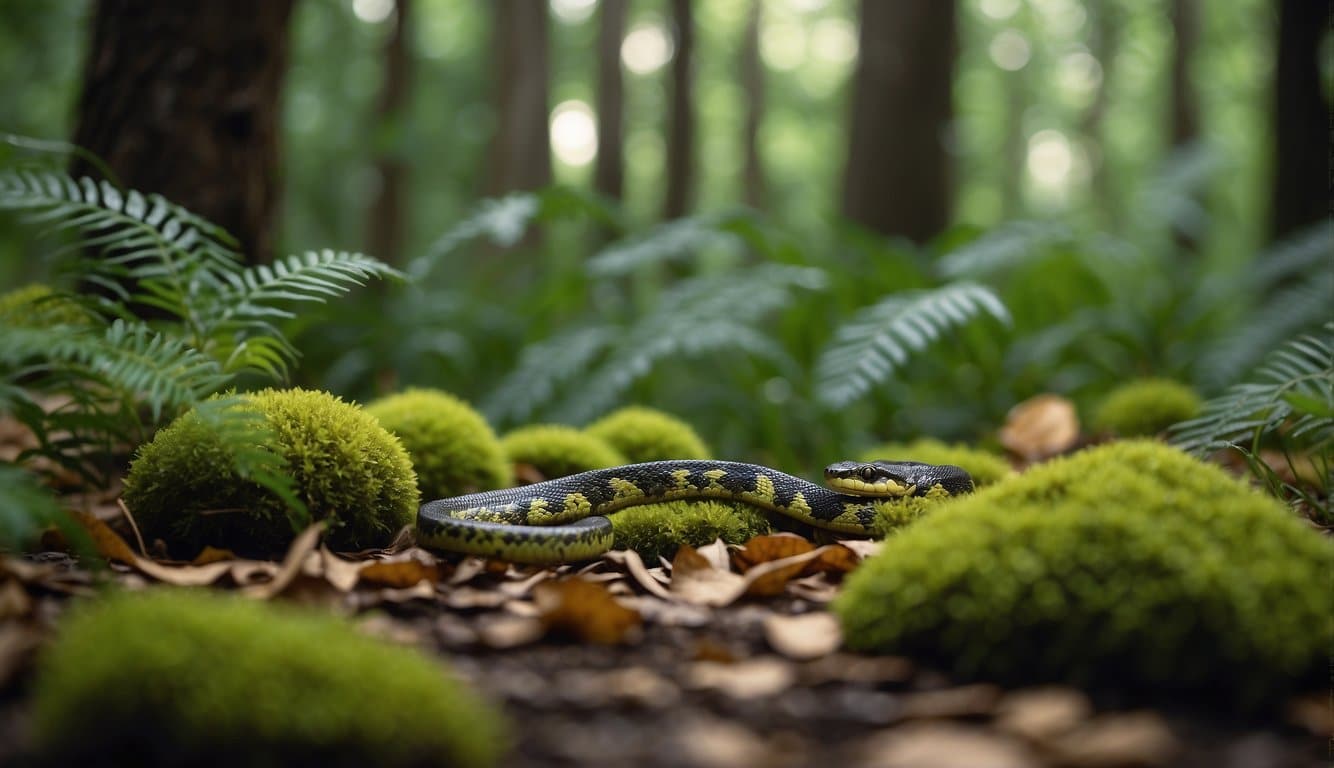 Cobras Do Sul Do Brasil: Conheça As Espécies Mais Comuns Na Região 2 A lush forest floor with colorful snakes slithering among fallen leaves and ferns, while birds chirp in the canopy above