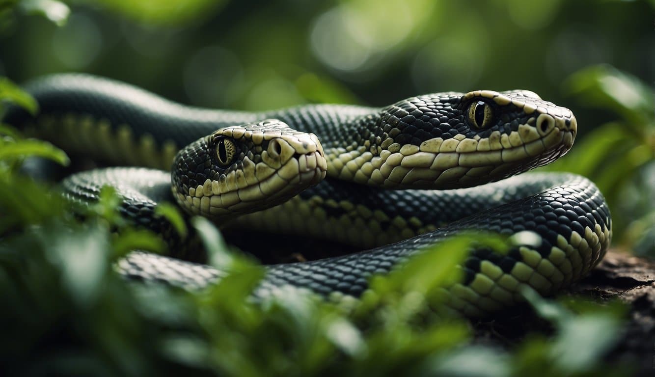 A group of strange snakes slithering through a dense jungle, their unique patterns and colors standing out against the green foliage