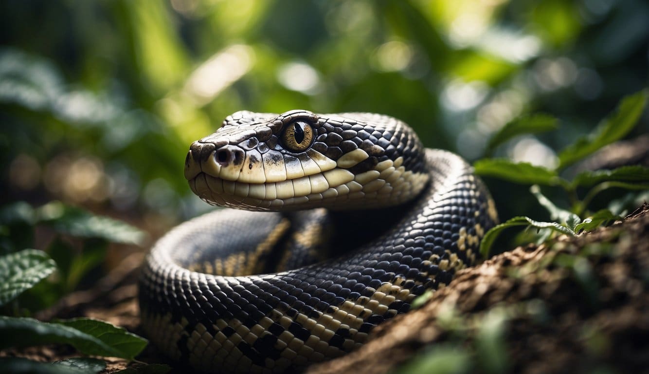 A giant Brazilian snake slithers through dense jungle foliage. Its scales glisten in the sunlight as it moves with powerful grace