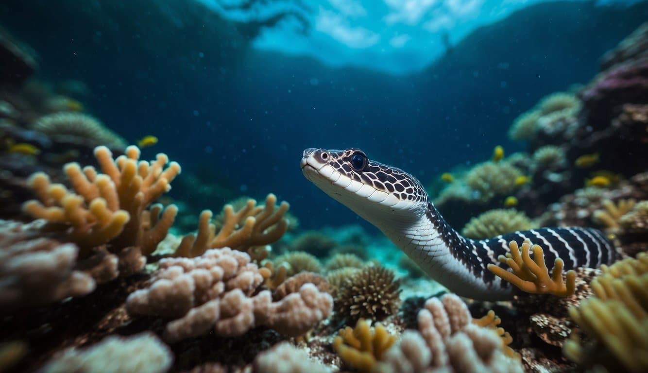 A colorful underwater scene with various species of Brazilian sea snakes swimming among vibrant coral reefs and marine plants