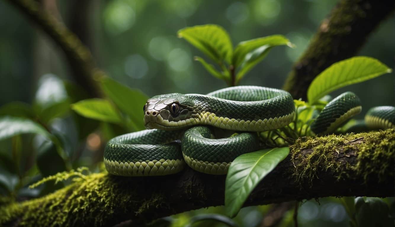 Lush greenery of the Atlantic Forest with snakes coiled around tree branches and slithering through the underbrush. Rich biodiversity and dense vegetation
