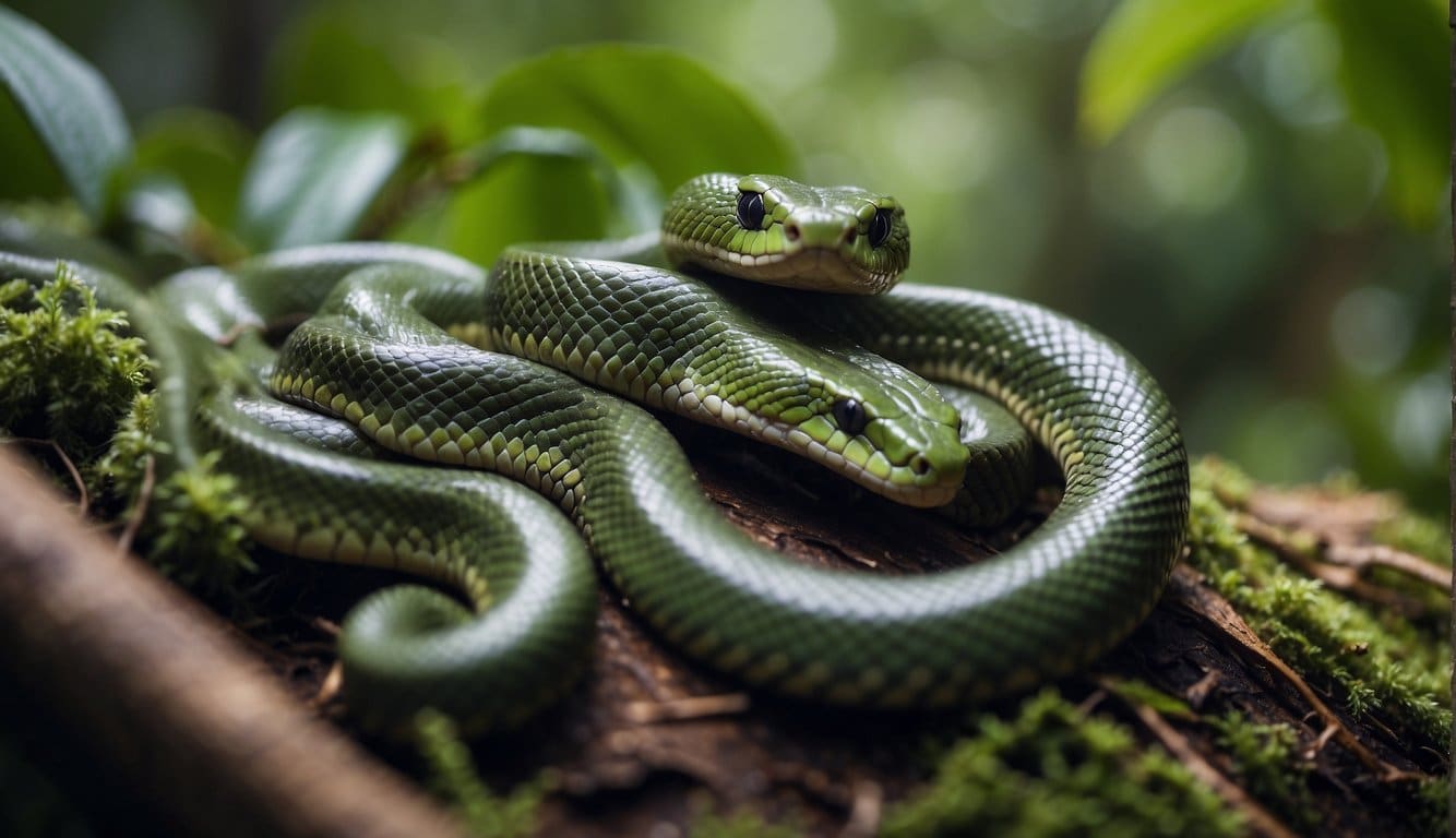 Piton snakes in their natural habitat, coiled around tree branches in a lush rainforest