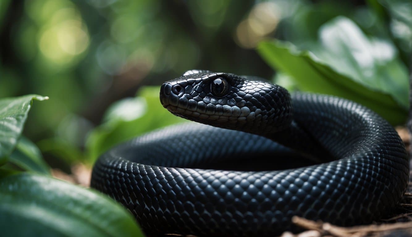 A black snake slithers through dense jungle foliage, its sleek scales glistening in the dappled sunlight