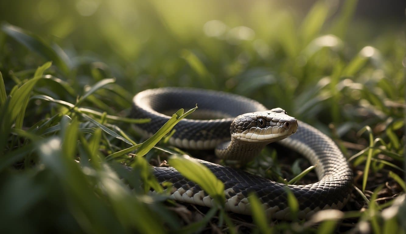 A snake slithers through the grass, its tongue flickering as it communicates through body language