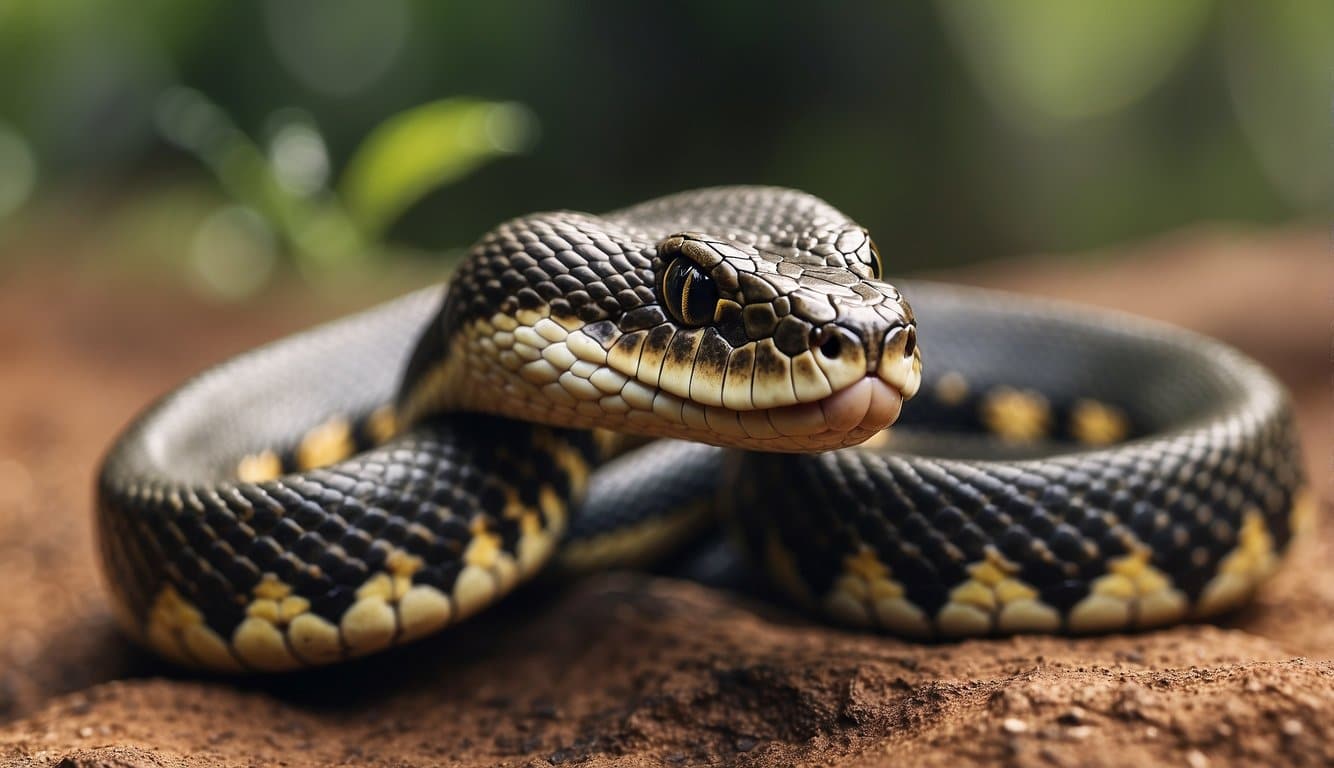 A venomous snake in Minas Gerais, Brazil, coils its body, flicks its tongue, and bares its fangs
