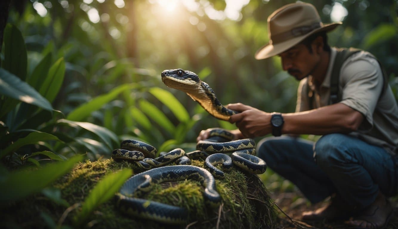 A snake catcher setting up equipment in the jungle at dusk