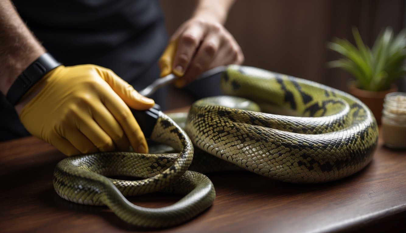A snake leather care guide: show a snake skin being treated and polished, with care products and tools nearby