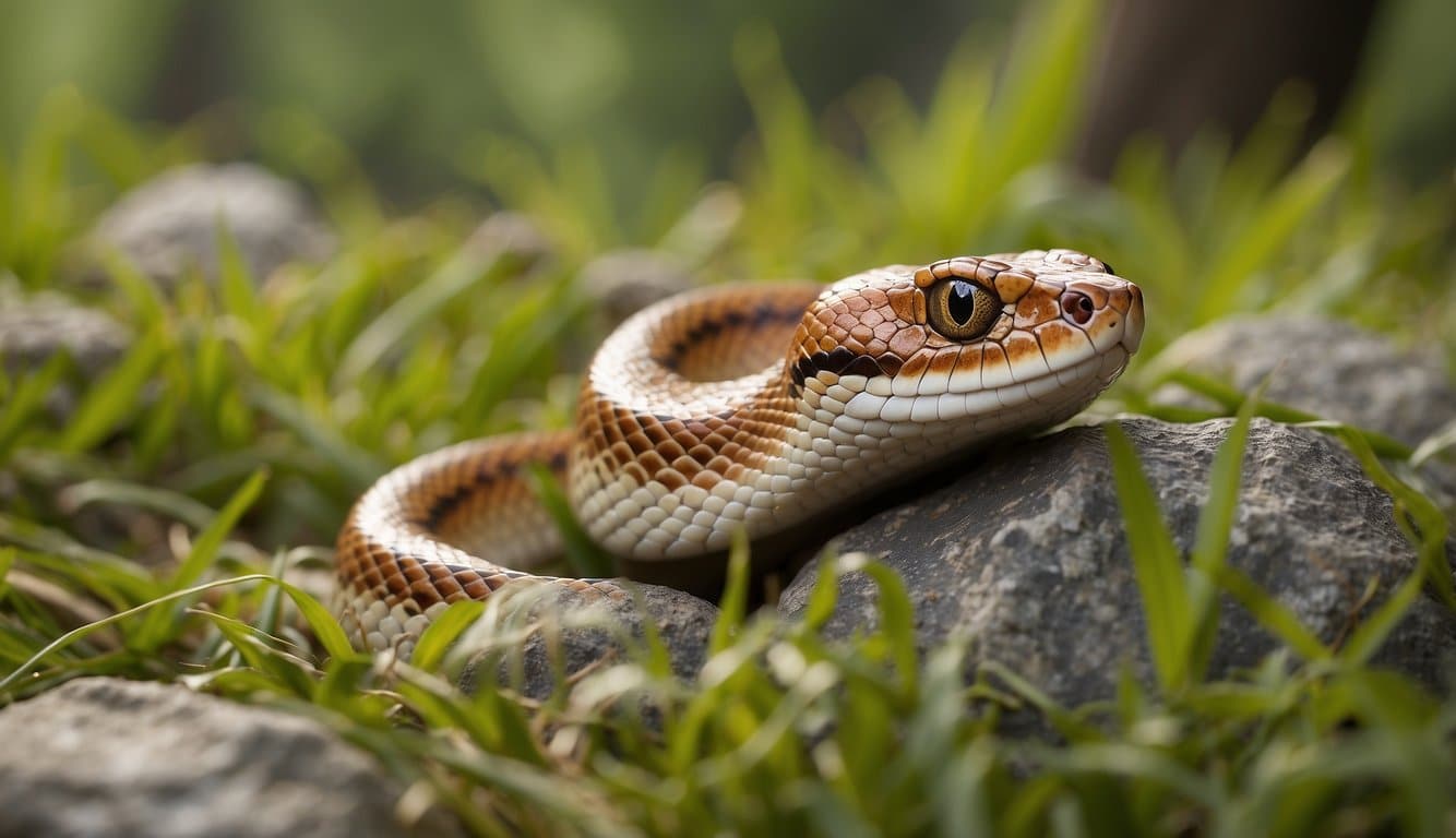 A corn snake slithers through a grassy habitat, with trees and rocks in the background. Its geographical distribution is represented by a map of North America