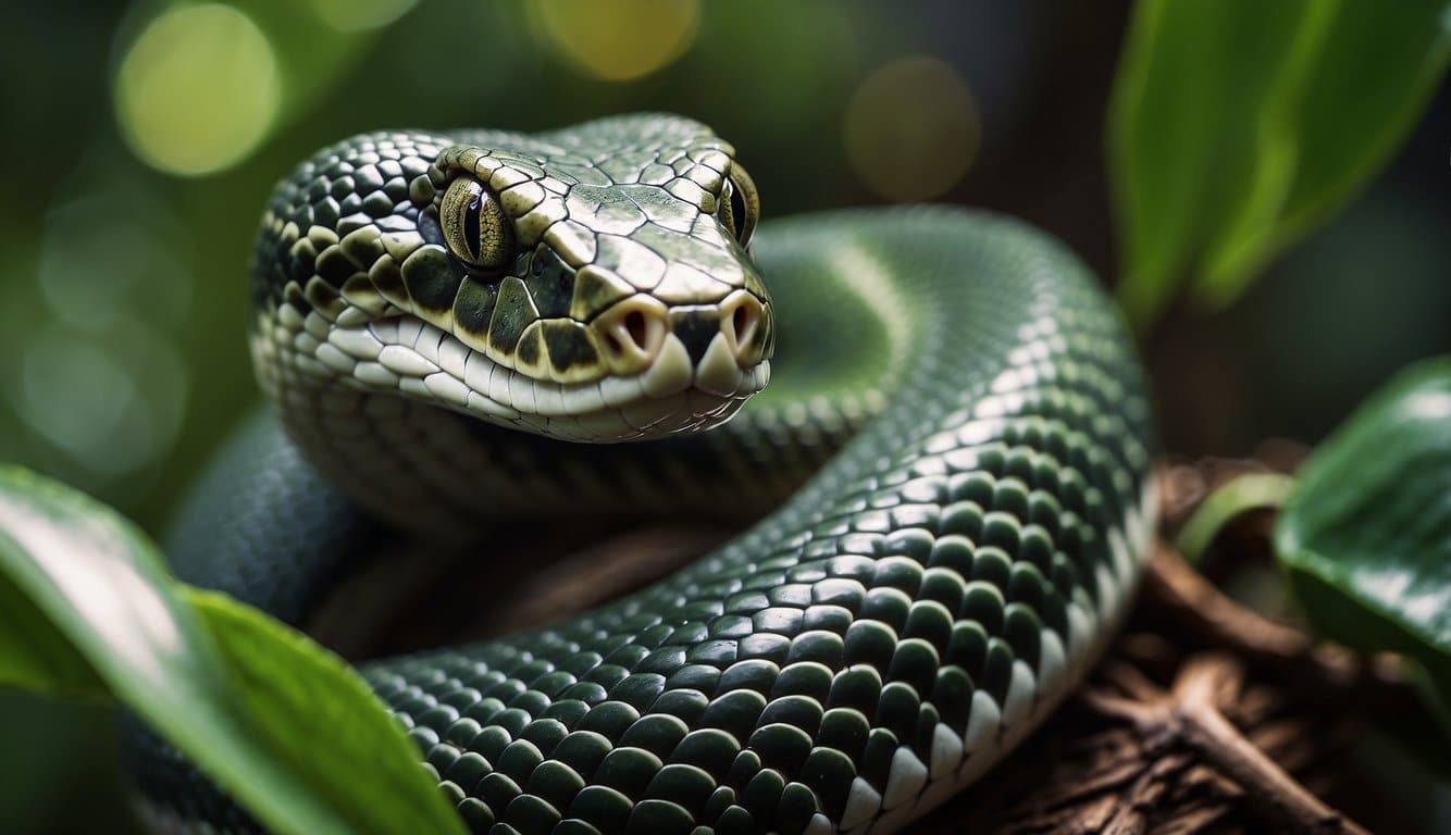 A snake slithers through a lush jungle, coiling around a tree branch, its scales glistening in the sunlight