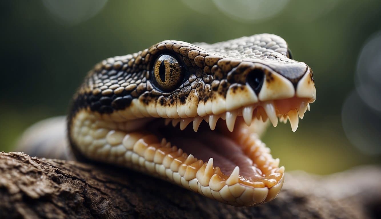 A snake with sharp teeth bites into a prey item, showing the process of dental treatment for snakes