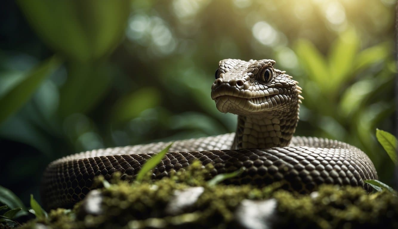 A dragon cobra slithers through a dense jungle, its scales glistening in the sunlight. Its long, sinuous body moves gracefully as it surveys its surroundings, ready to strike at any moment