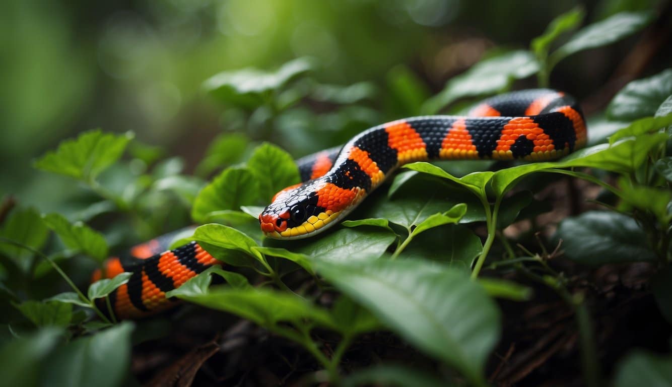 Exu Cobra Coral: Conheça A História E Significado Do Orixá 2 A vibrant red and black coral snake slithers through lush green foliage in its natural habitat