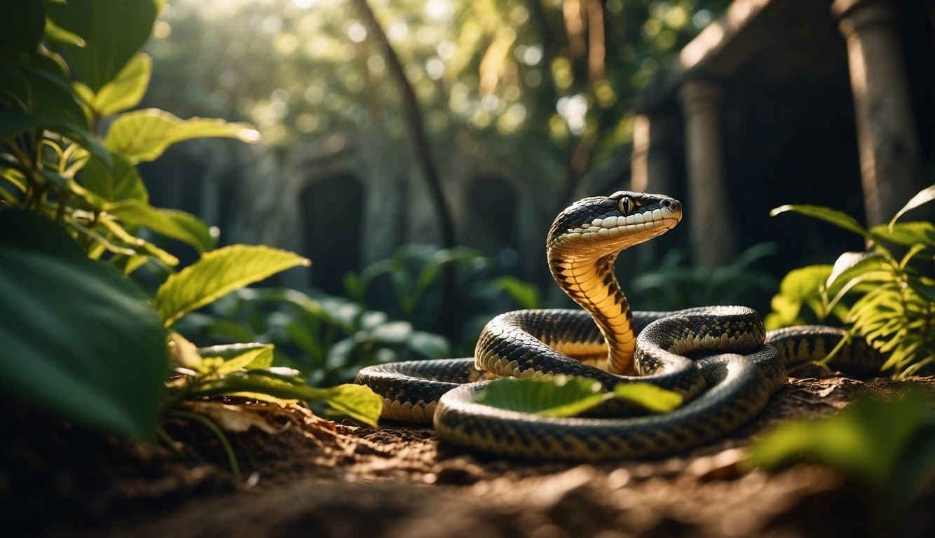 Filmes De Cobra: Os 11 Melhores Filmes Com Cobras 2 A snake slithers through a vibrant jungle, surrounded by ancient ruins and exotic flora. The sun shines through the dense foliage, casting dramatic shadows on the forest floor