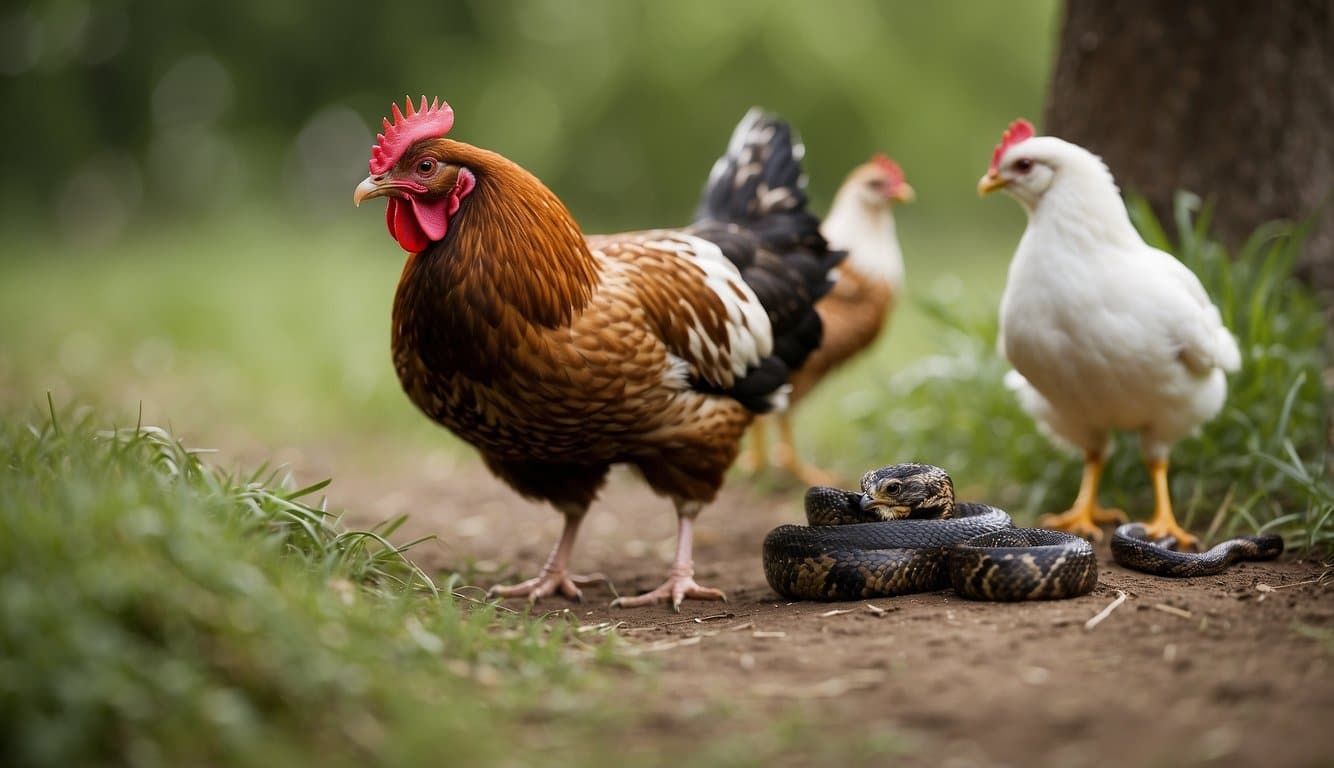 A hen is pecking at a snake while her chicks watch nearby