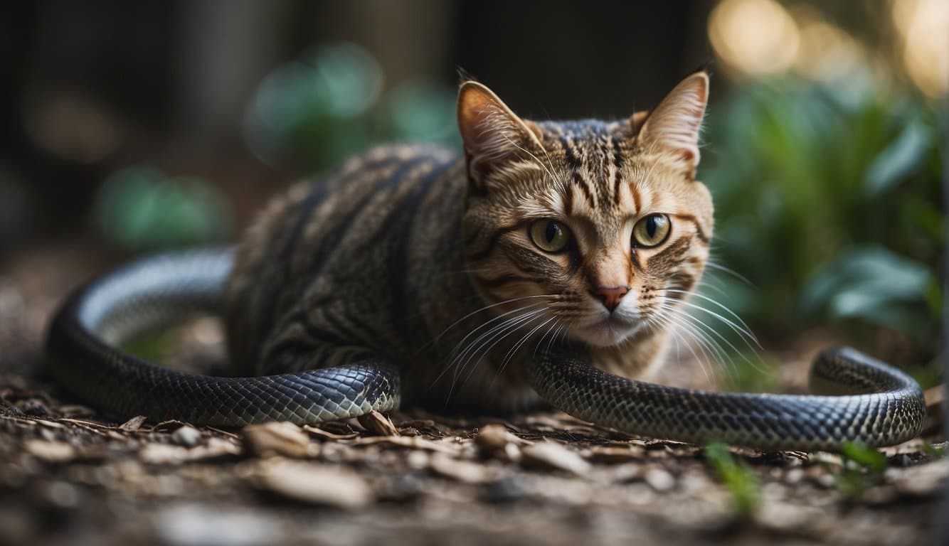 A cat crouches low, eyes fixed on a slithering snake, poised to pounce