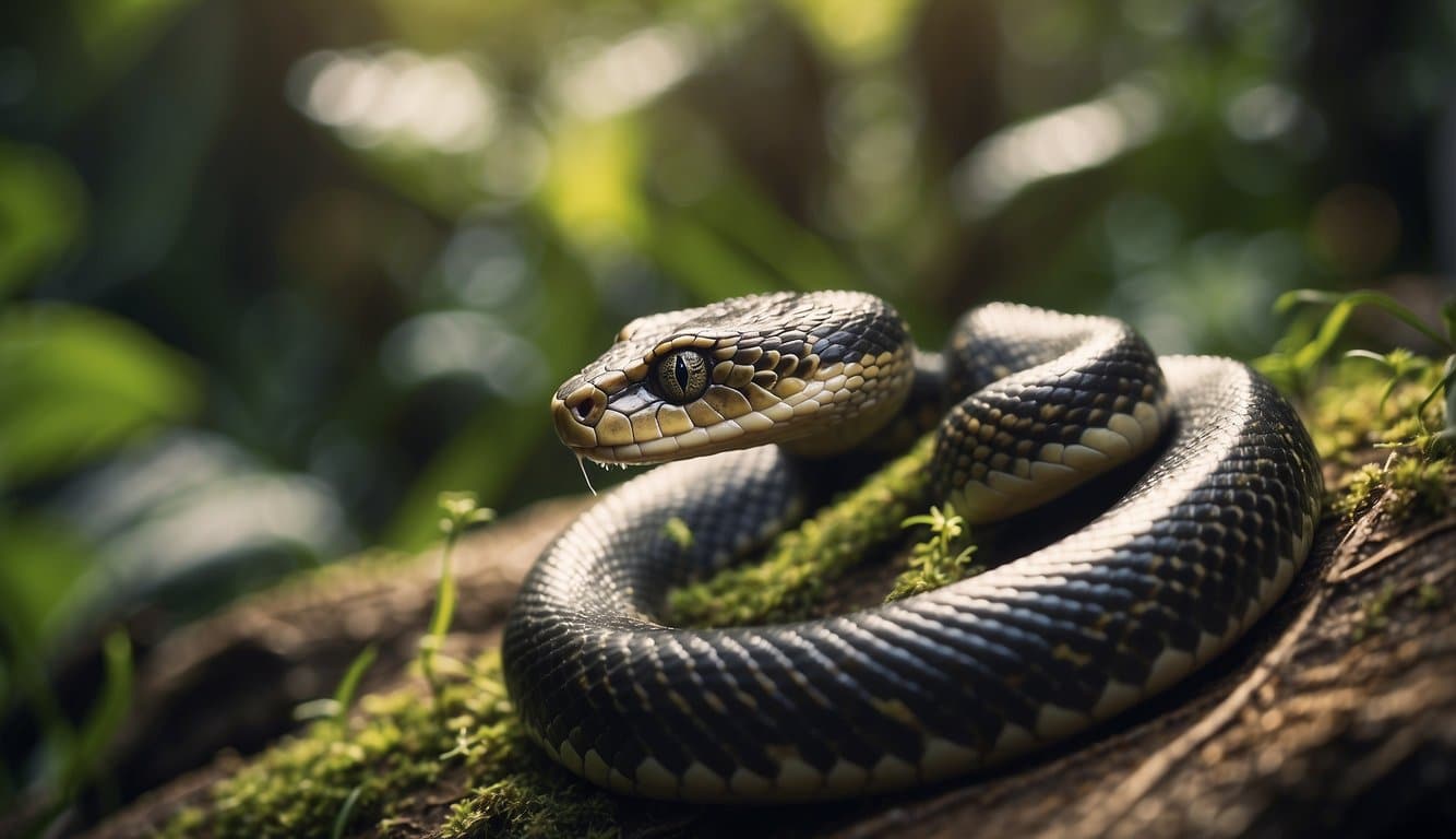 A snake slithers through a vibrant jungle, its scales glistening in the sunlight as it moves gracefully to the rhythm of the surrounding music