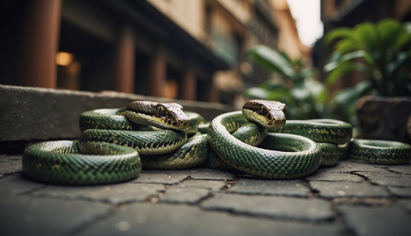 Snakes intertwine with cultural symbols and societal norms, coiling around artifacts and architecture, blending into everyday life