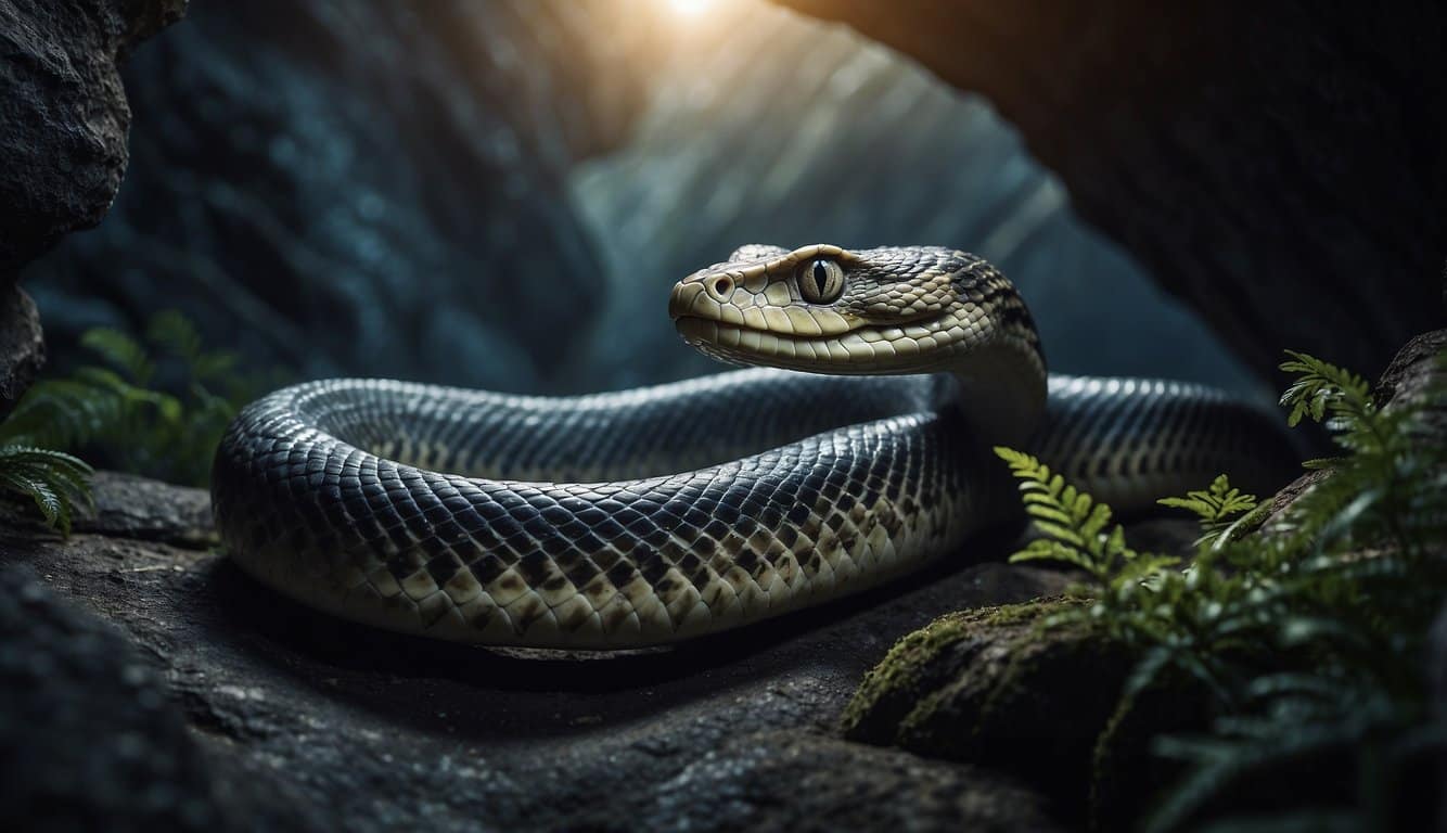 A large serpent emerges from a dark cave, its scales glistening in the moonlight as it slithers through the ancient ruins