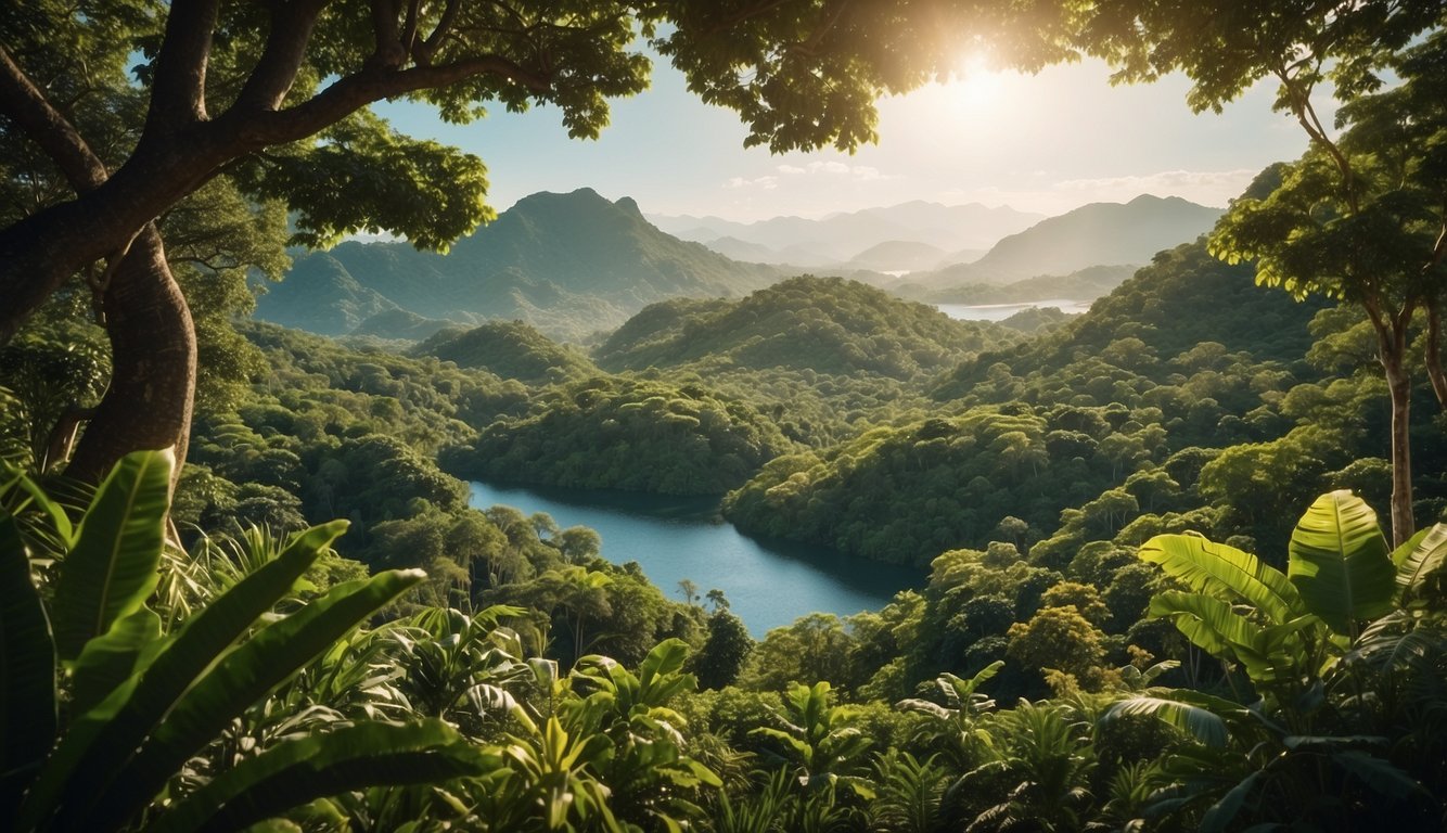 Lush green island with diverse wildlife, including snakes, birds, and plants. Conservation efforts evident in protected habitats and pristine landscapes