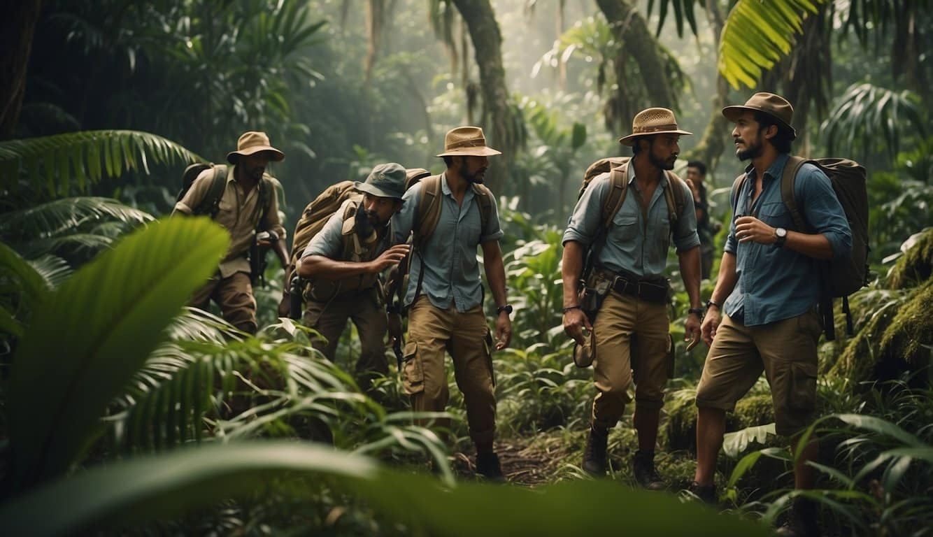 A group of treasure hunters navigate through a dense jungle on a remote island, searching for the lost treasure of the Snake Island Expedition