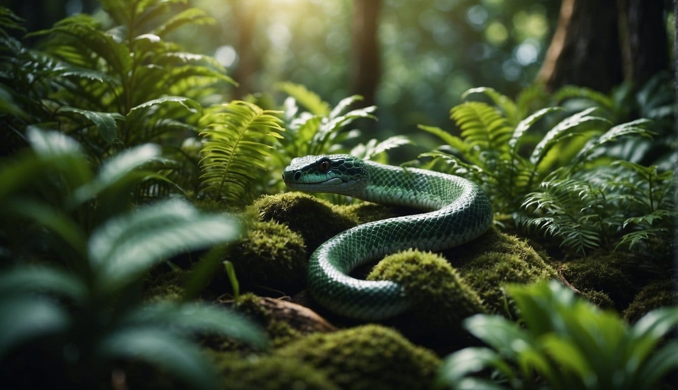A lush jade forest with a winding cobra slithering through the undergrowth, surrounded by vibrant flora and dappled sunlight