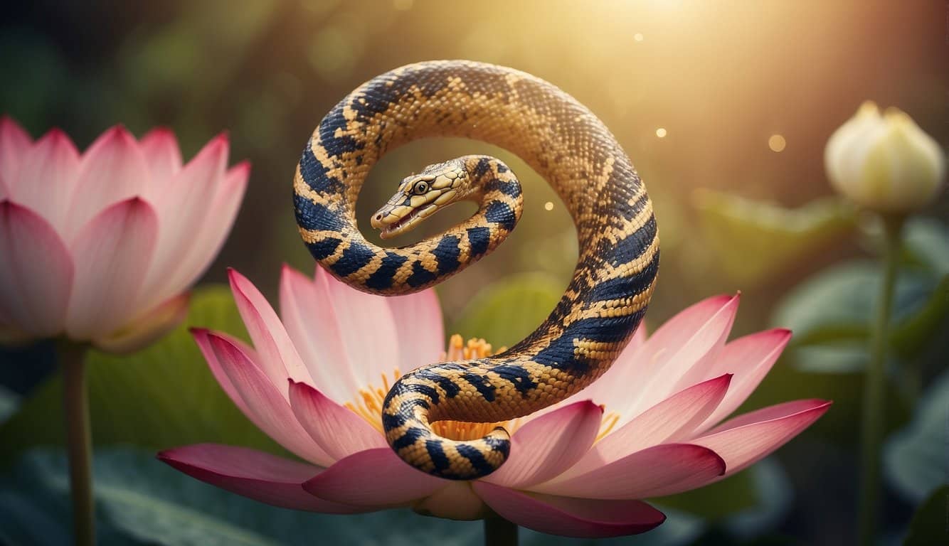 A coiled kundalini serpent rising from a lotus flower with vibrant energy radiating from its body