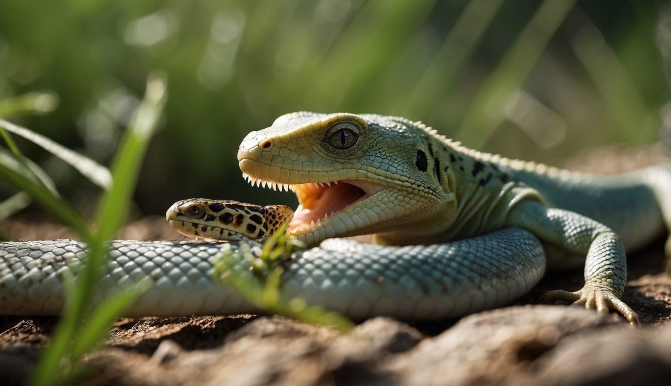 A lizard eating a snake in its natural habitat