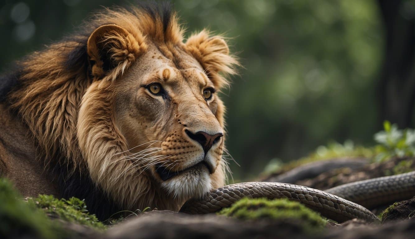 A lion is devouring a snake in its natural habitat, with the geographical distribution of the scene being depicted