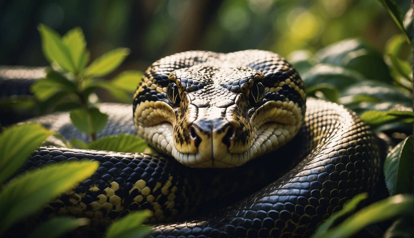 Maiores Cobras Do Brasil: Conheça As Espécies Mais Perigosas E Como Se Proteger 2 A massive anaconda slithers through the dense Amazon rainforest, its glistening scales reflecting the dappled sunlight filtering through the thick canopy