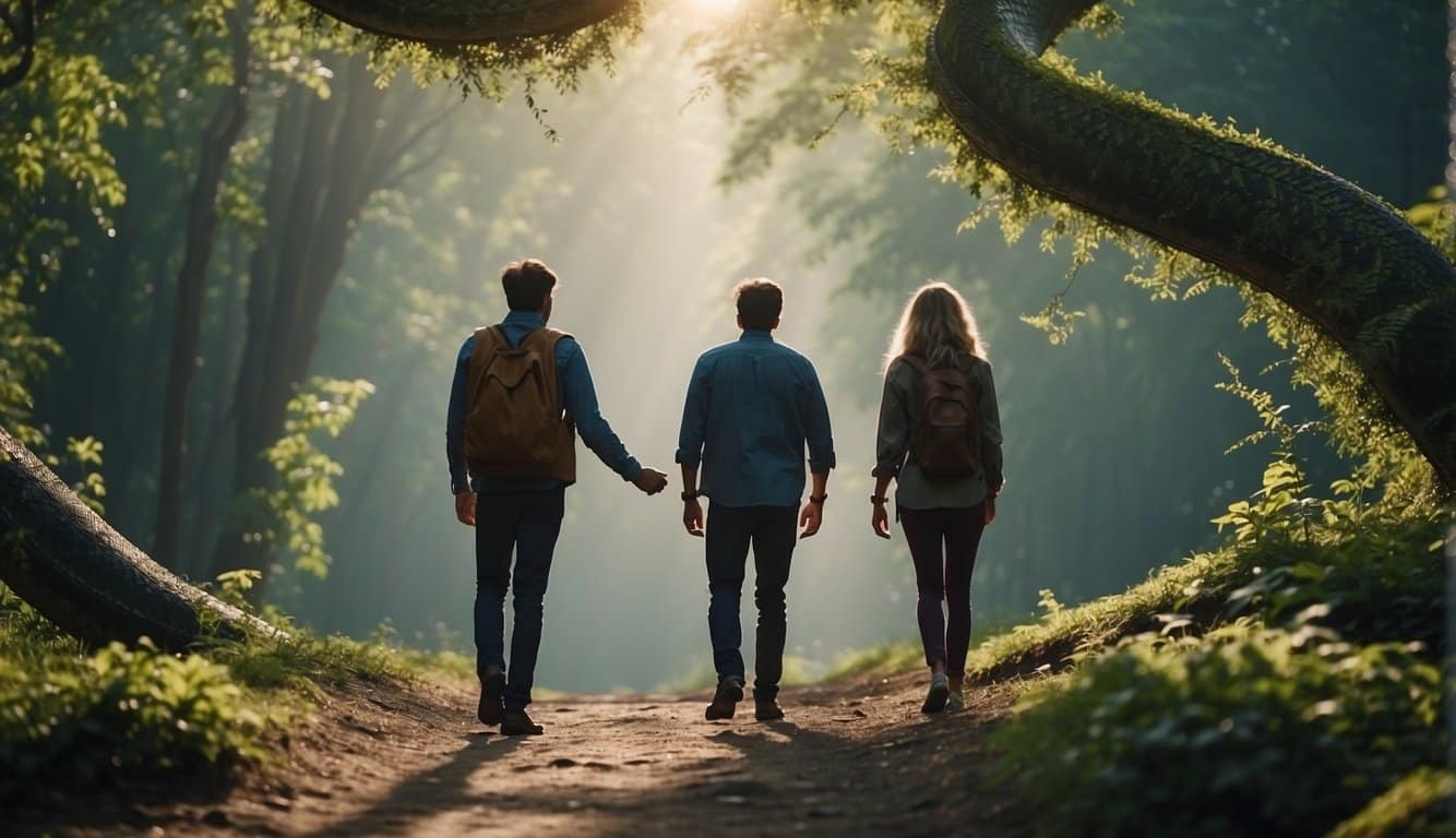 Two people cautiously approaching a snake in a natural setting