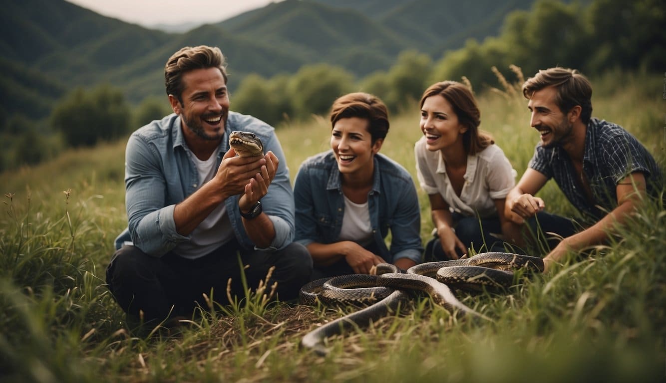 A group of people in a rural village, reacting with fear to a snake slithering through the grass