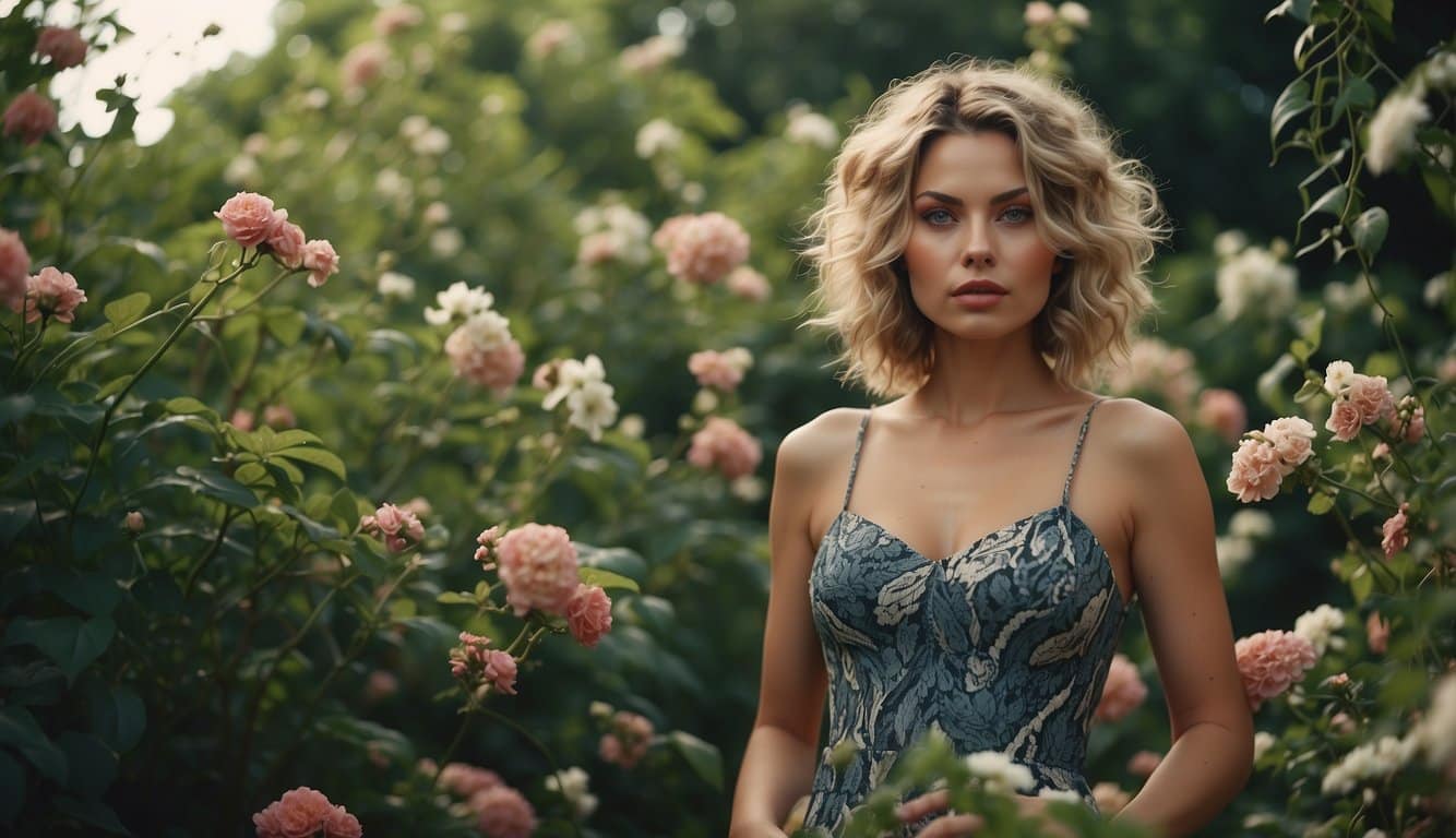 Mulher Com Cabelo De Cobra: Significado, Origem E Curiosidades 2 A woman with snake-like hair stands in a garden, surrounded by blooming flowers and twisting vines