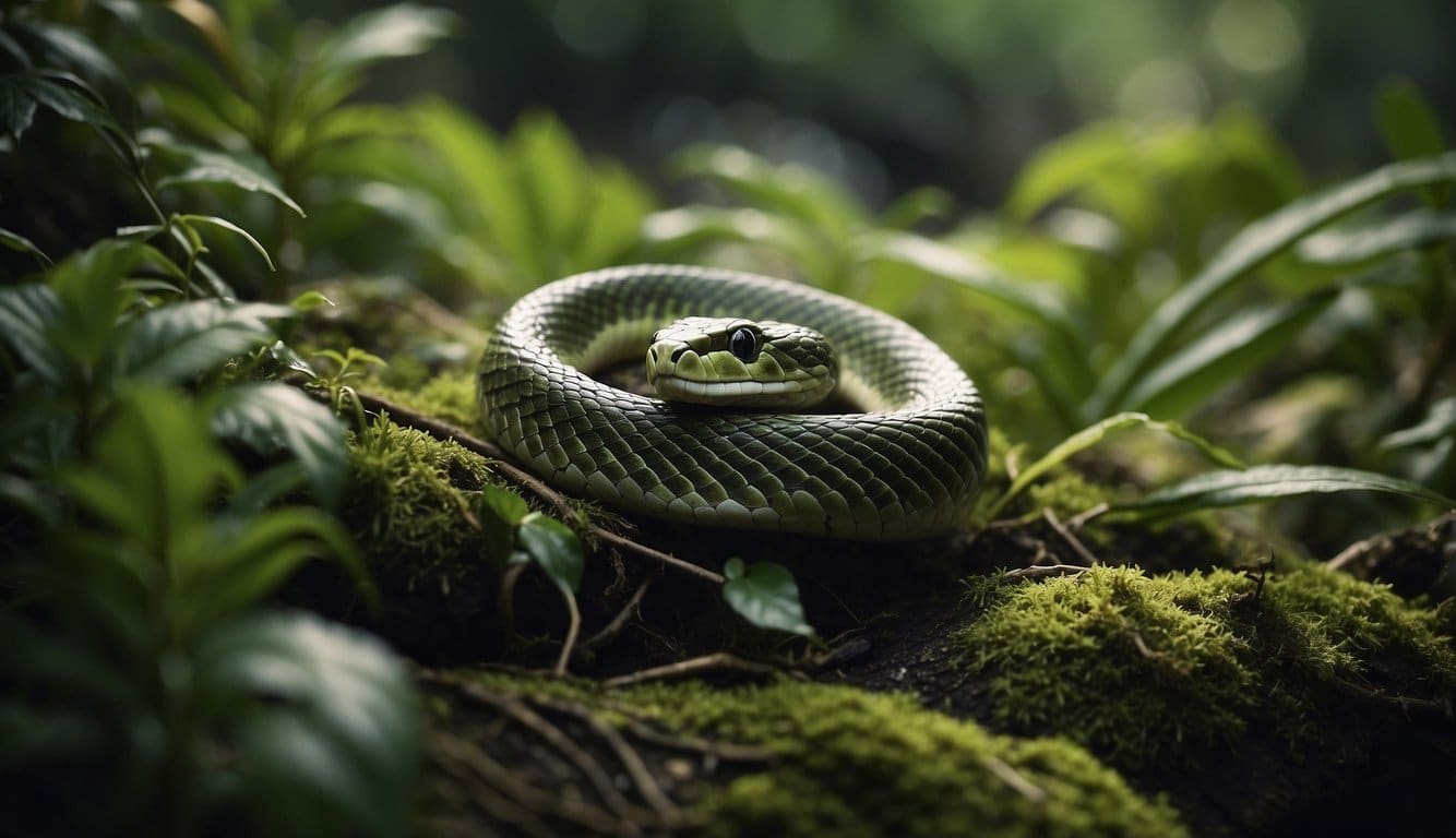 A snake's nest in a lush, green habitat with diverse plant life and a flowing stream