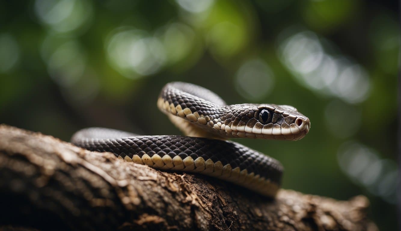 A snake coiled around a branch, devouring a small rodent. Its sharp fangs sink into the prey as it begins to swallow it whole