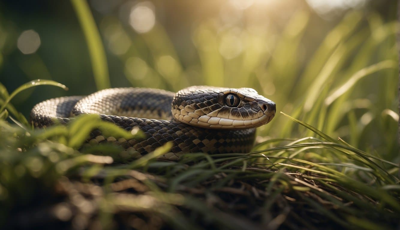 A snake slithers through tall grass, flicking its tongue to sense the air. It coils around a tree branch, its scales glistening in the sunlight