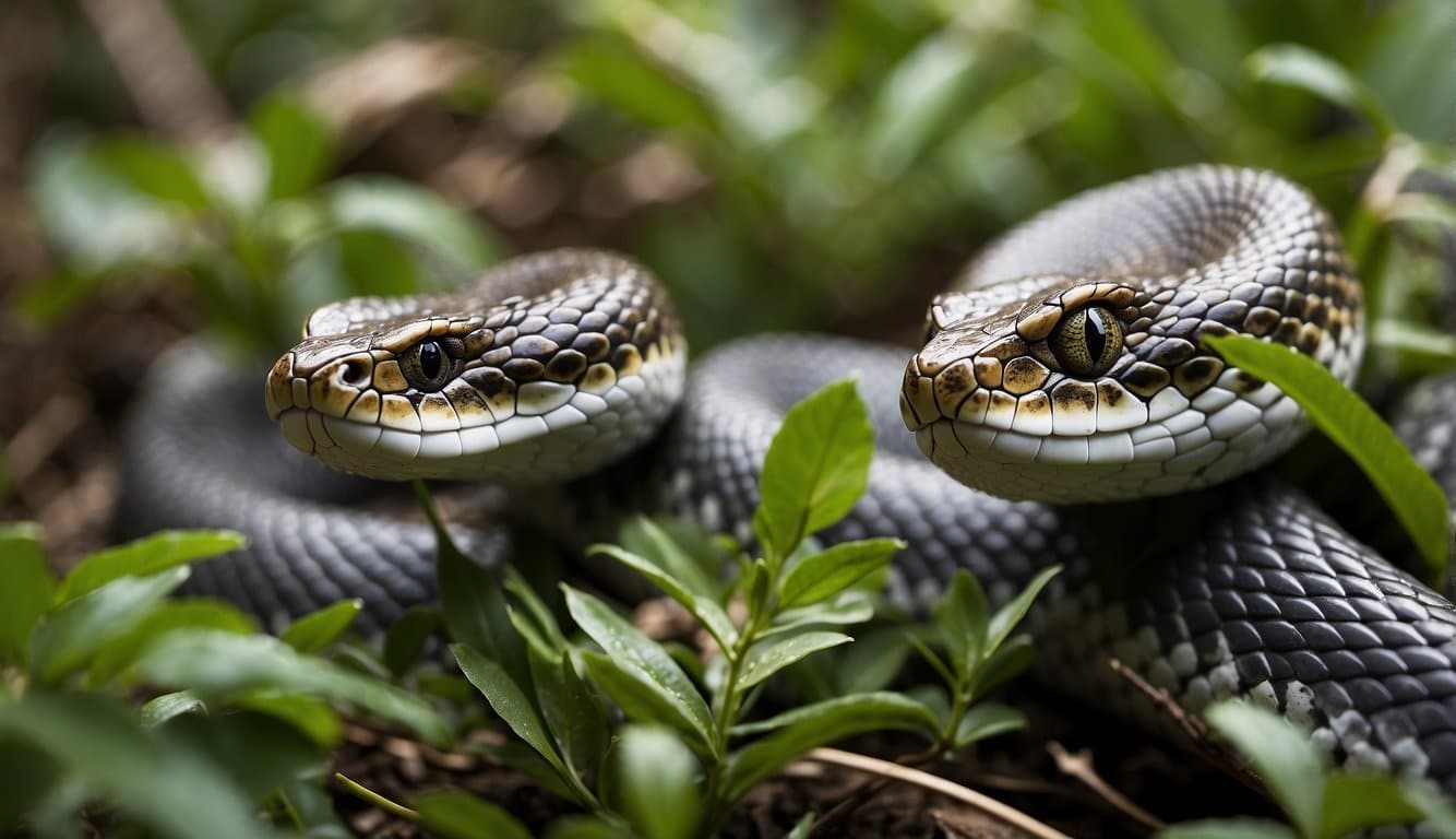 The viper slithers through dense underbrush, its forked tongue flicking out to taste the air. It coils, ready to strike at its prey