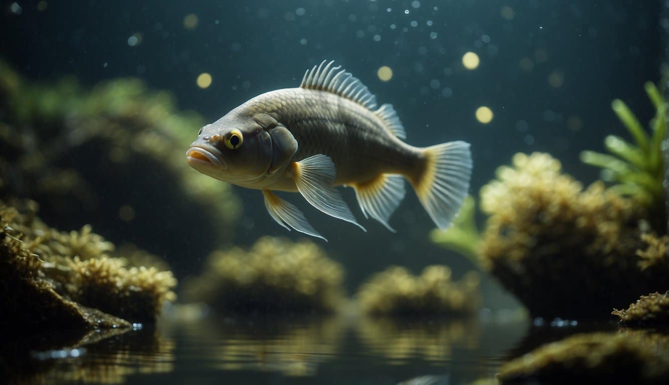 A fish with snake-like features swims in a murky river habitat