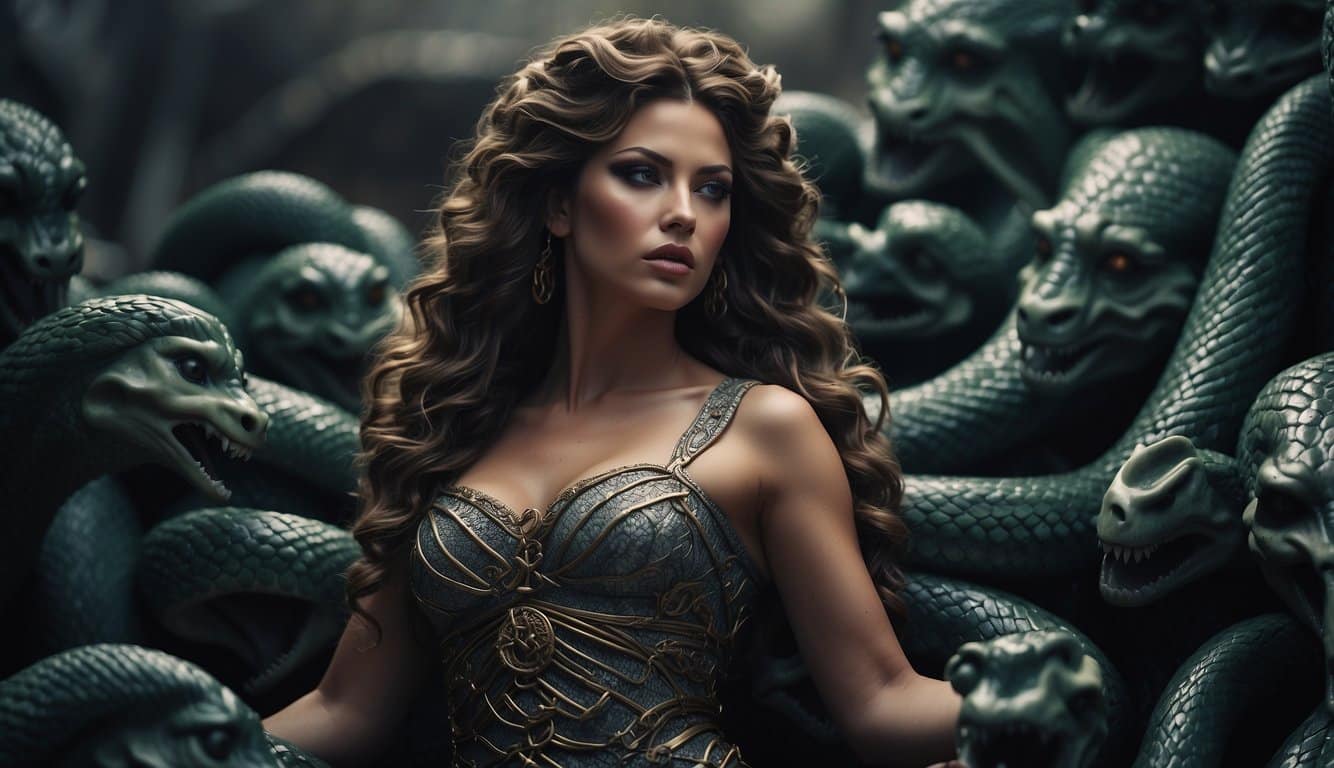 A fierce Medusa with snakes for hair, glaring with glowing eyes, surrounded by stone statues of her victims