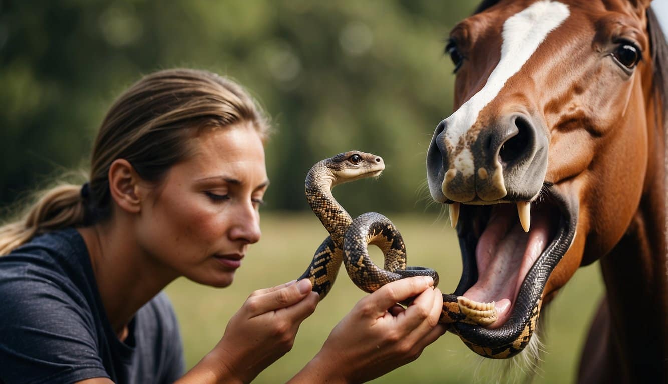 Picada De Cobra Em Cavalo: Sintomas, Tratamento E Prevenção 2 A horse being bitten by a snake, with a person providing first aid