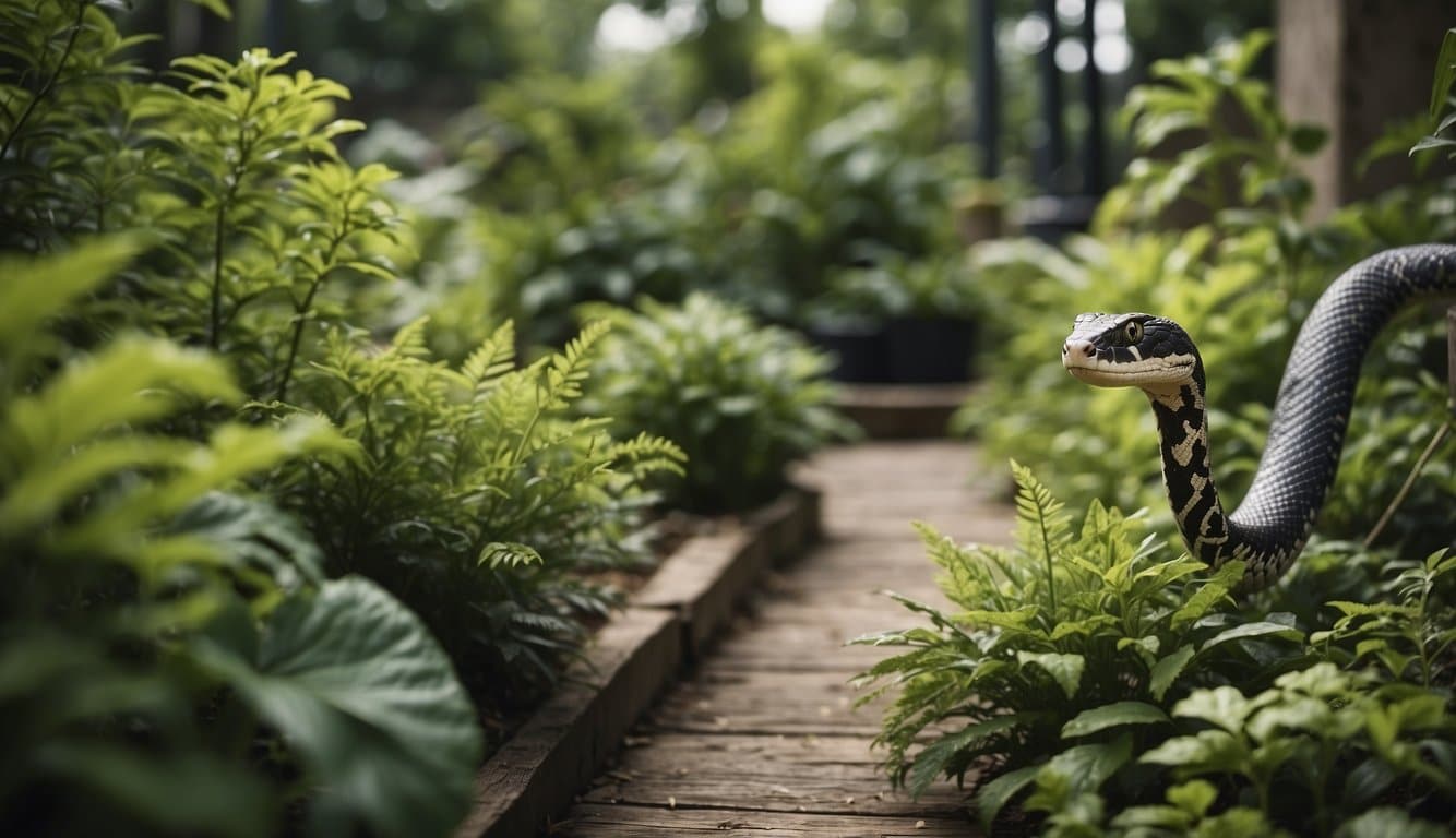 Lush garden with snake-repelling plants and caution signs